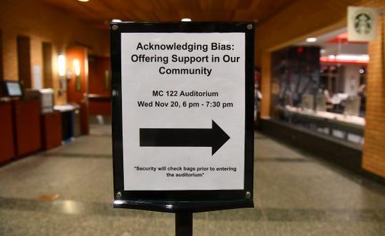 A sign points guests to a forum on bias Wednesday, Nov. 20, 2019, at the Miller Center at St. Cloud State University.
