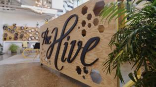 The Hive's iconic, beehive inspired front desk