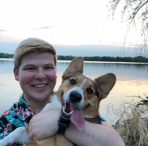 Photo of Wil Sampson-Bernstrom and his Corgi