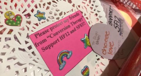 Minnesota LGBT+ group OutFront presented politicians with Valentine's Day cards calling for a ban on gay 'cure' therapy (TheoKeith/twitter)