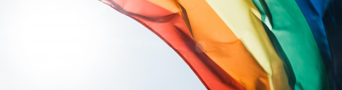 Rainbow flag flying backlit by the sun.