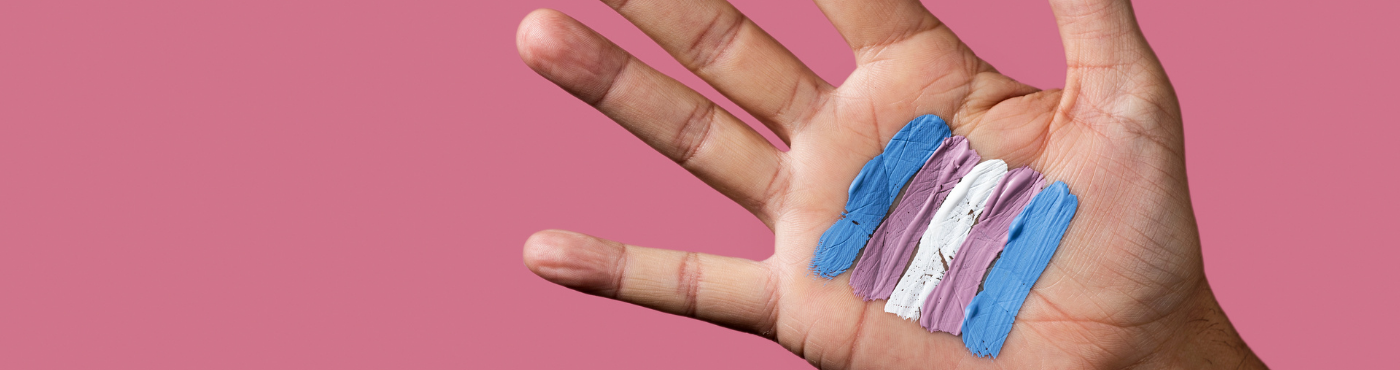 Hand with transgender pride flag painted on palm.