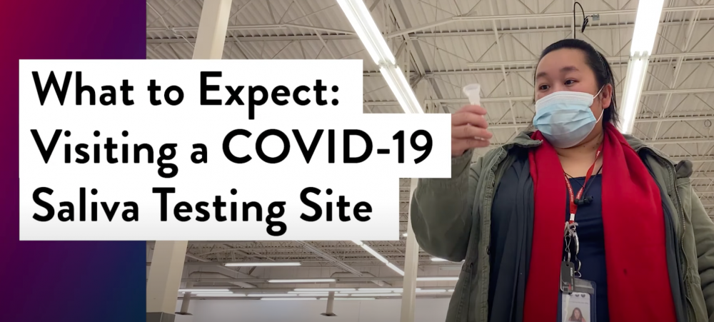 Image of a person holding a COVID-10 saliva test with the text "What to Expect: Visiting a COVID-19 Saliva Testing Site