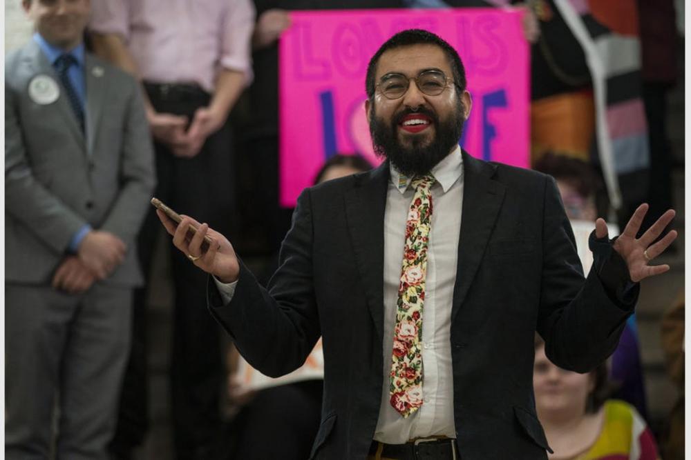 Jesus Lucero, Faith and Greater Minnesota Organizer from OutFront Minnesota, concluded the rally with some final words of encouragement for the crowd.