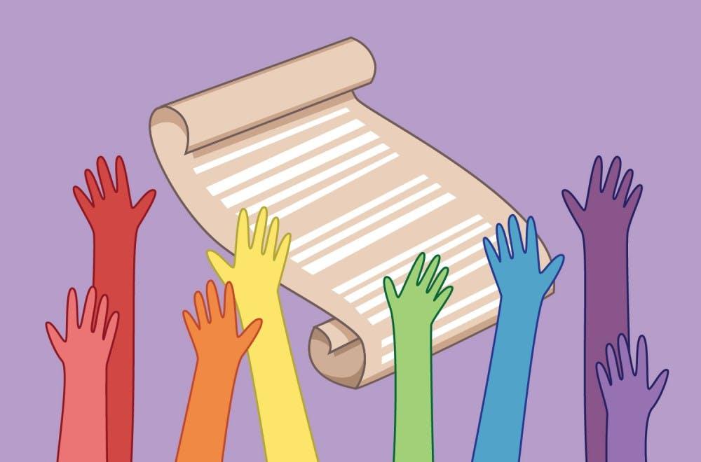 Illustration of 8 differently colored hands creating a rainbow in front of a scroll.