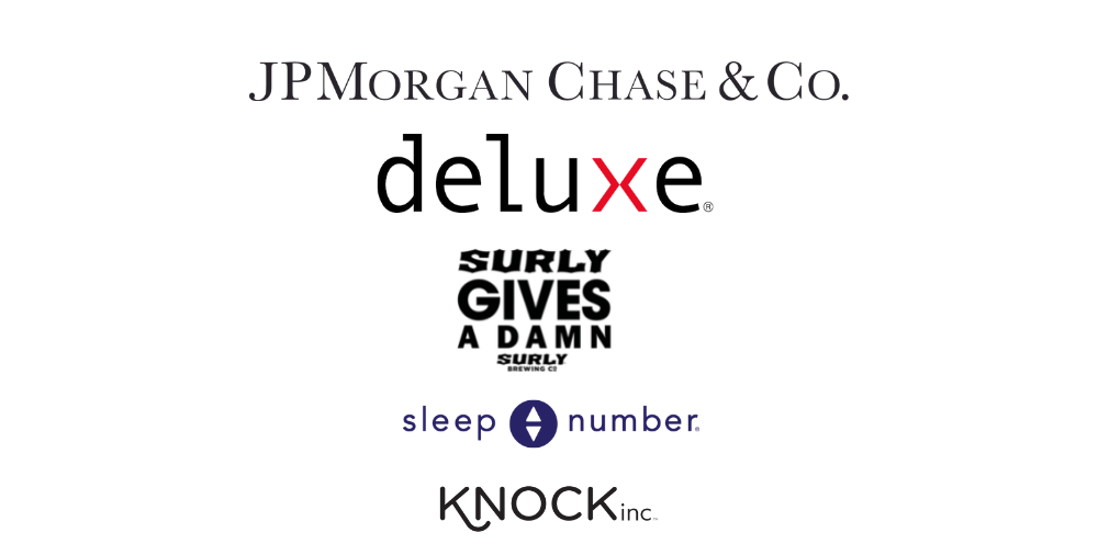 Logos for JPMorgan Chase & Co, Deluxe, Surly Gives a Damn, Sleep Number, Knock Inc.