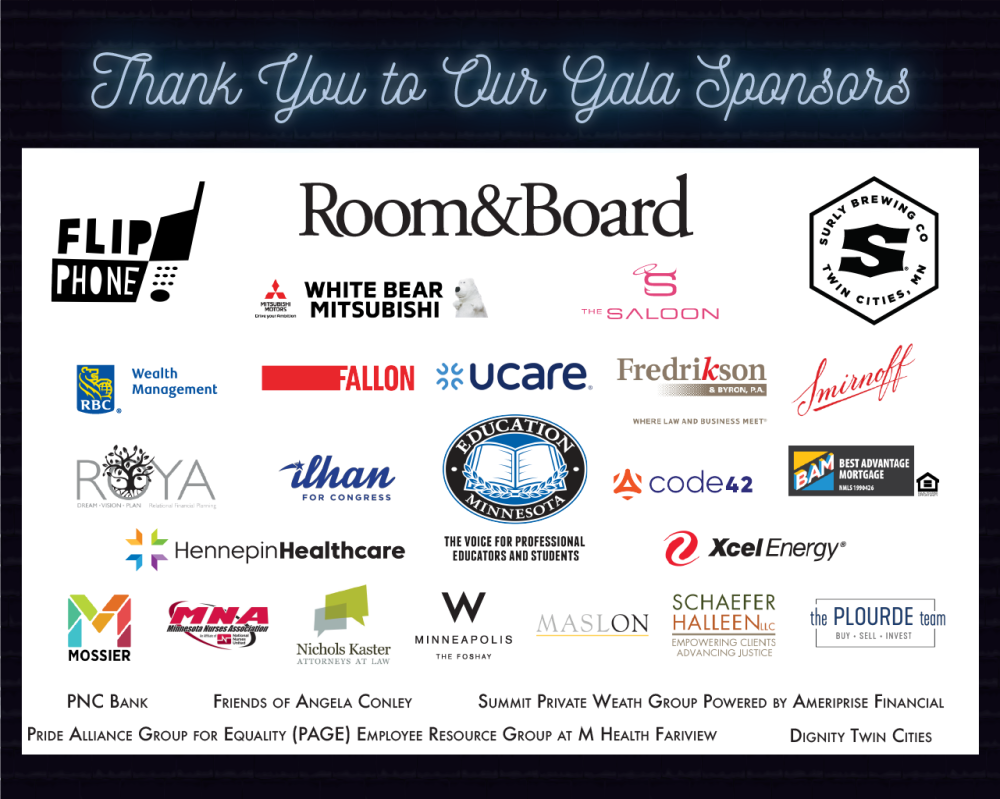 Logos of 2022's gala sponsors on a brick wall and a thank you note in neon. 