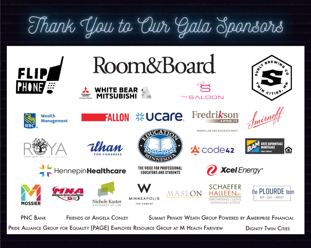 Logos of 2022's gala sponsors on a brick wall and a thank you note in neon.