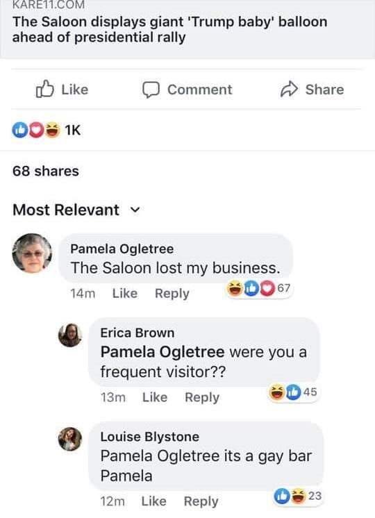 A screenshot of the Facebook post, Pamela's comment, and responses.