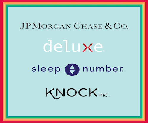 Blue and rainbow background with logo for JPMorgan Chase & Co, Deluxe, Sleep Number and Knock Inc
